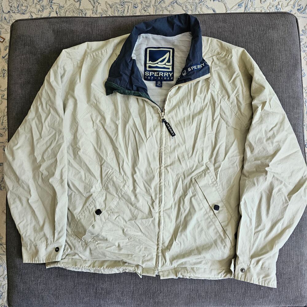 Sperry Top Sider Men's Cream Blue Sailing Breathable Windproof Jacket Size 2XL